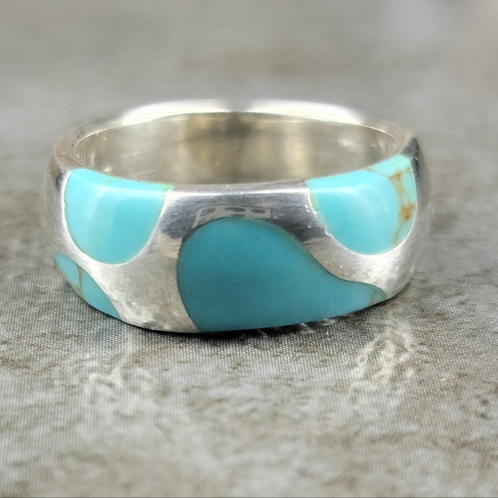 Sterling Silver Ring Size 7 Native Enamel Turquoise Gemstone Boho Jewelry 925